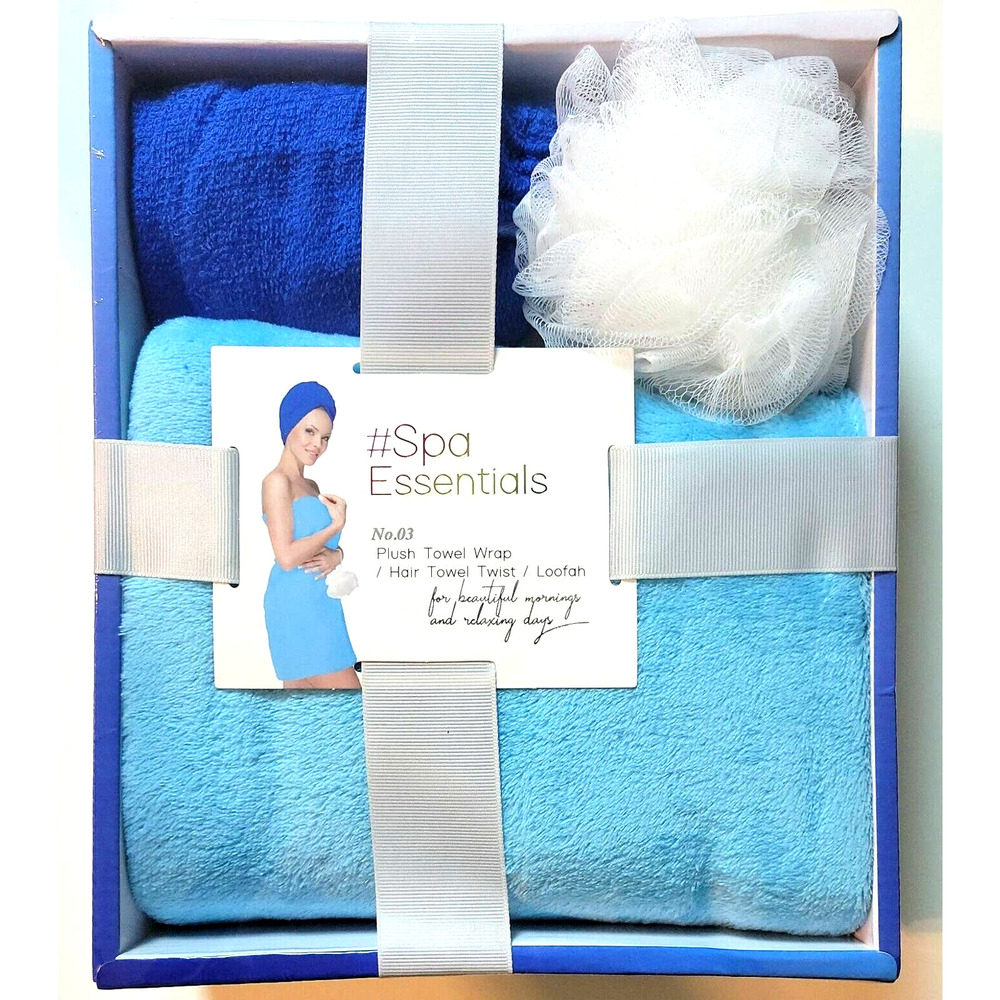 SPA ESSENTIALS Blue 3 Piece SET Towel Wrap Hair Towel Twist Loofah Gift Box NWT